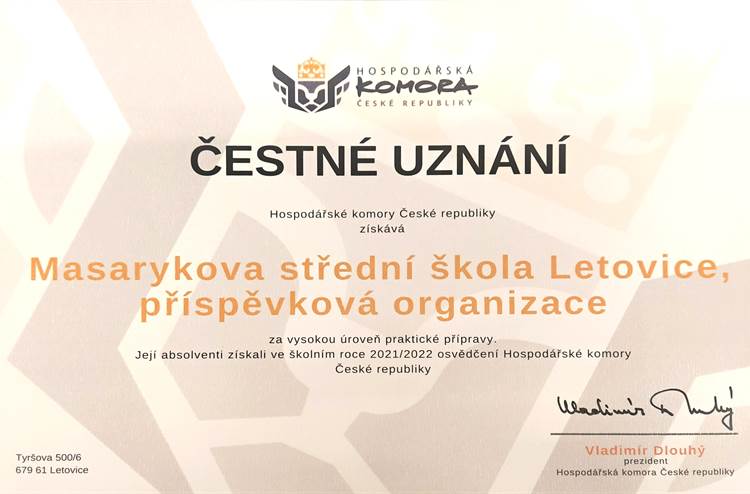 Čestné uznání od Hospodářské komory ČR 2022