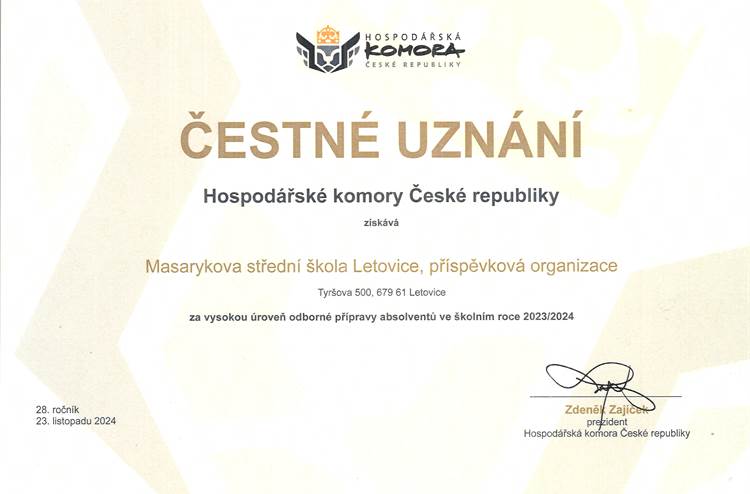 Hospodářská komora ČR opět udělila naší škole Čestné uznání