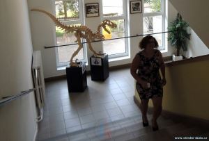 paní učitelka Dostálová v pozadí s dinosaurem, který vyrobili naši truhláři