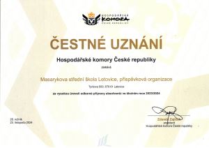 Hospodářská komora ČR opět udělila naší škole Čestné uznání za vysokou úroveň odborné přípravy